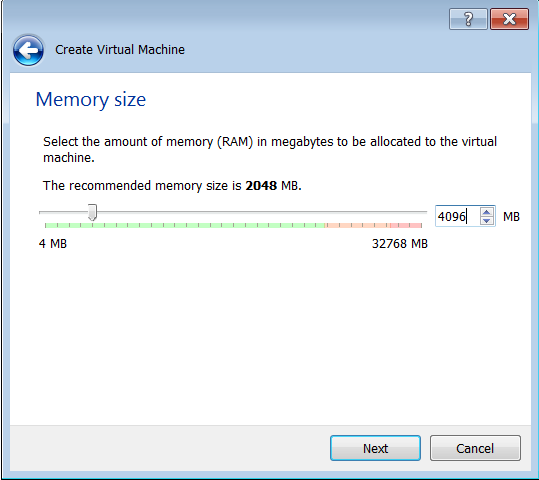 VirtualBox Memory Size Selection
